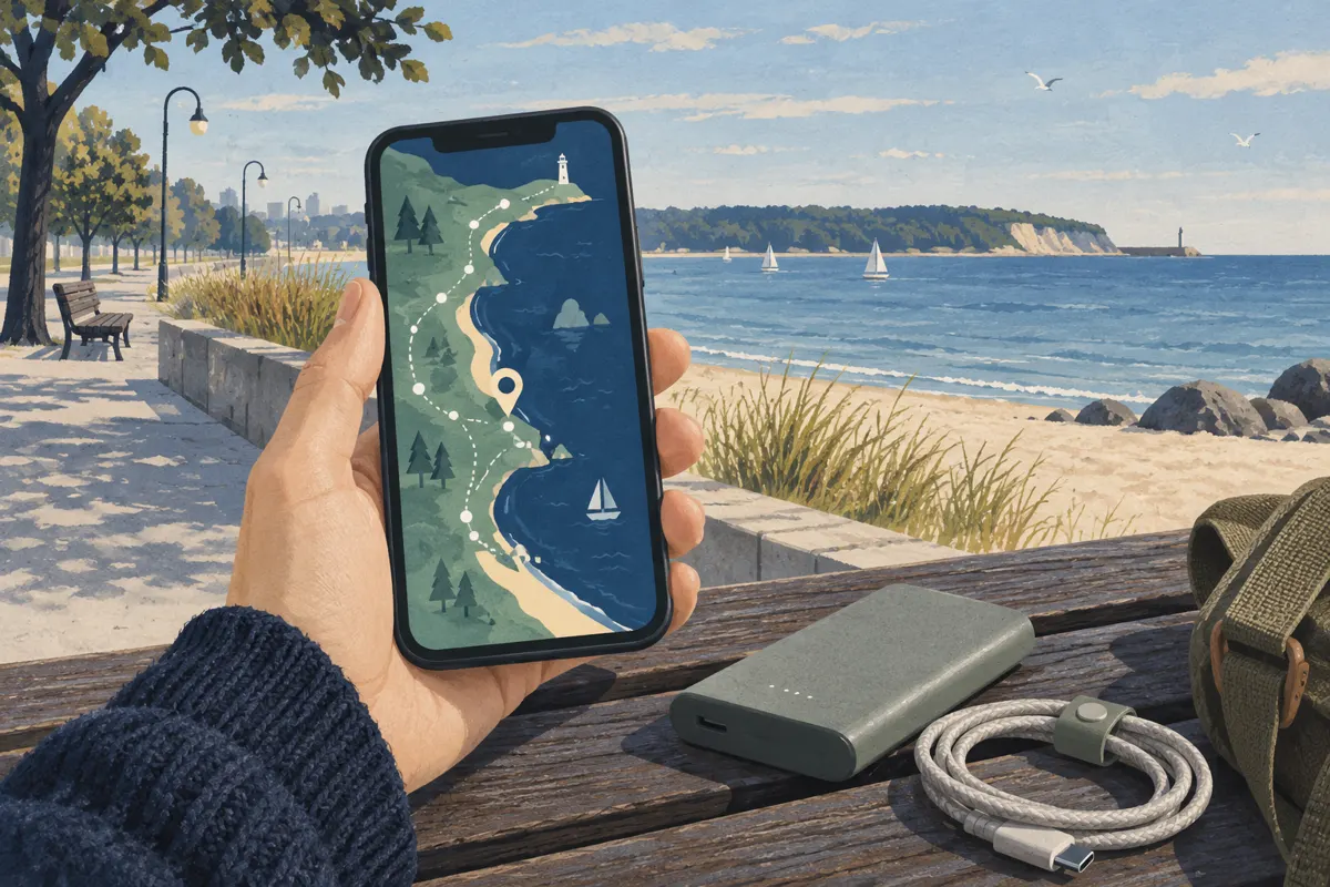 Ilustracja telefonu z mapą nadmorskiego spaceru oraz powerbanku na tle umownego wybrzeża.