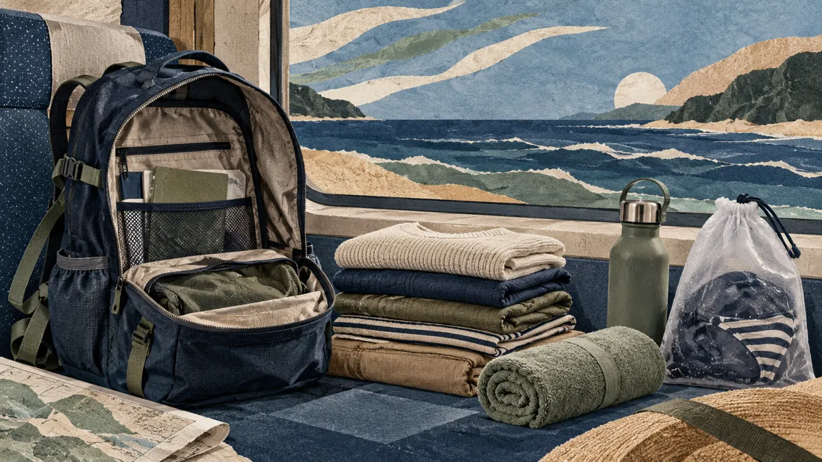 Ilustracja plecaka z ubraniami na zmienną pogodę i oddzielnym workiem na mokry strój, na tle pociągu i morza.